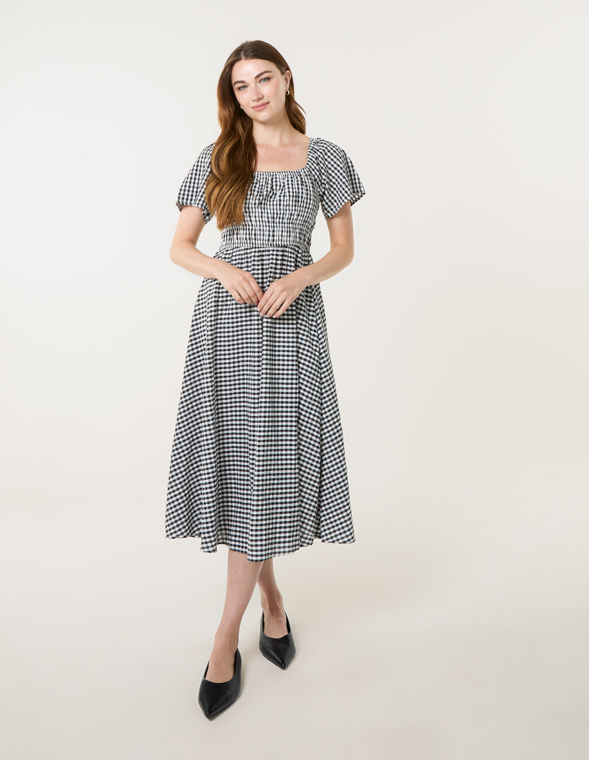 Shirred Gingham Midi Dress - ML BLACK WHITE