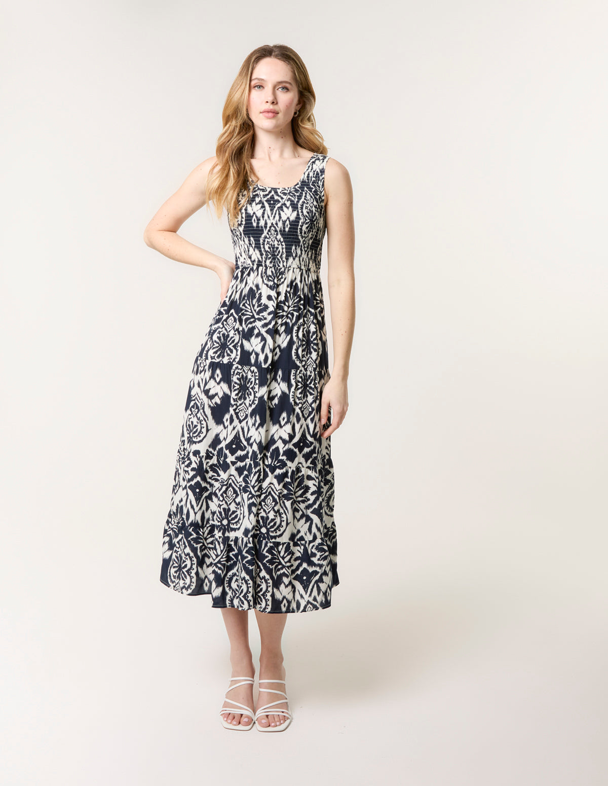 Shirred Sleeveless Midi Dress - SM NAVY