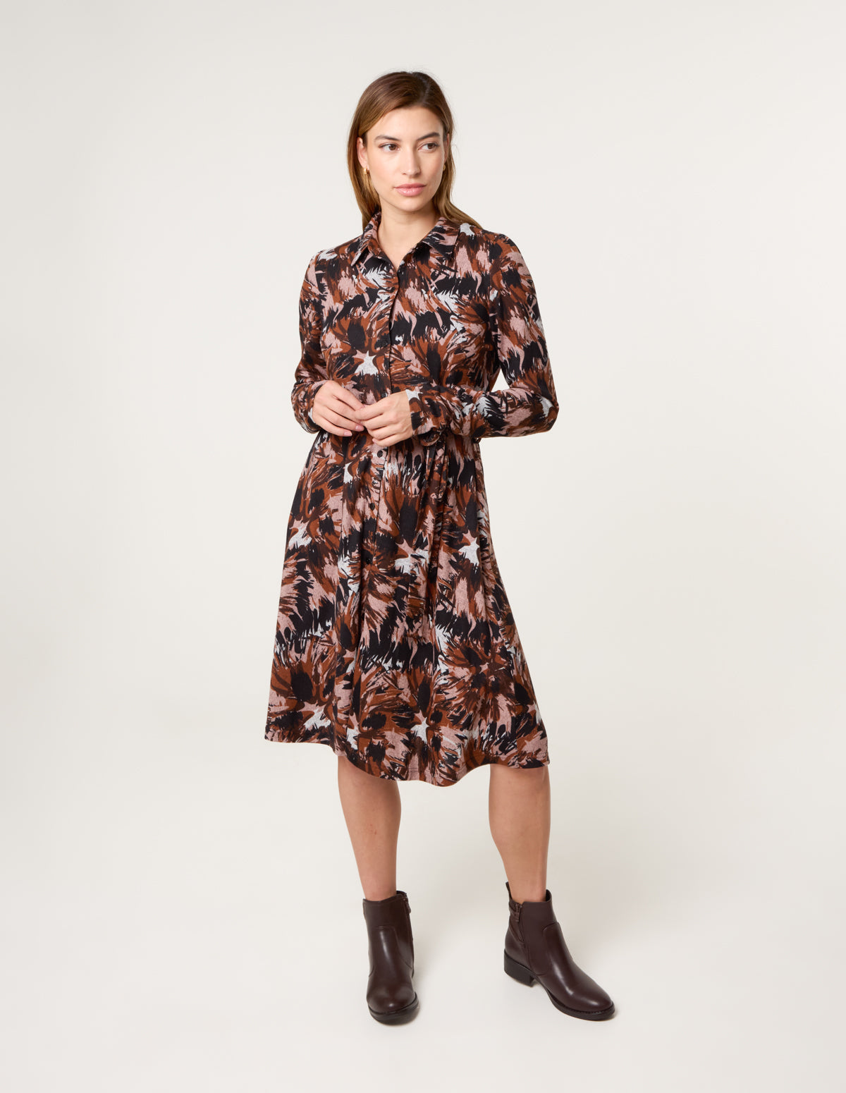 Abstract Printed Short Belted Shirt Dress - L BLACK PATTERN
