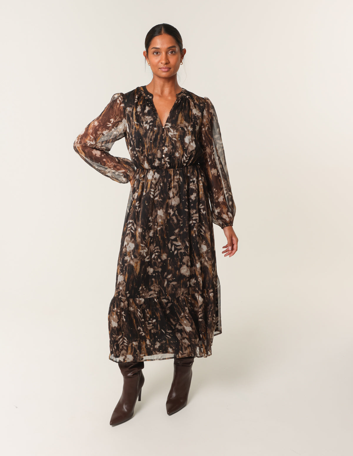 Button Front Midi Dress - BLACK PATTERN