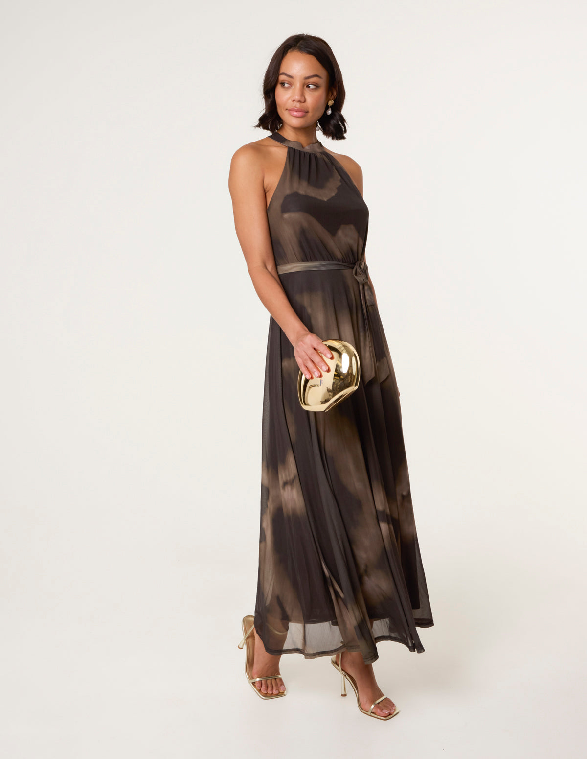 Printed Mesh Halter Neck Belted Maxi Dress - S BROWN