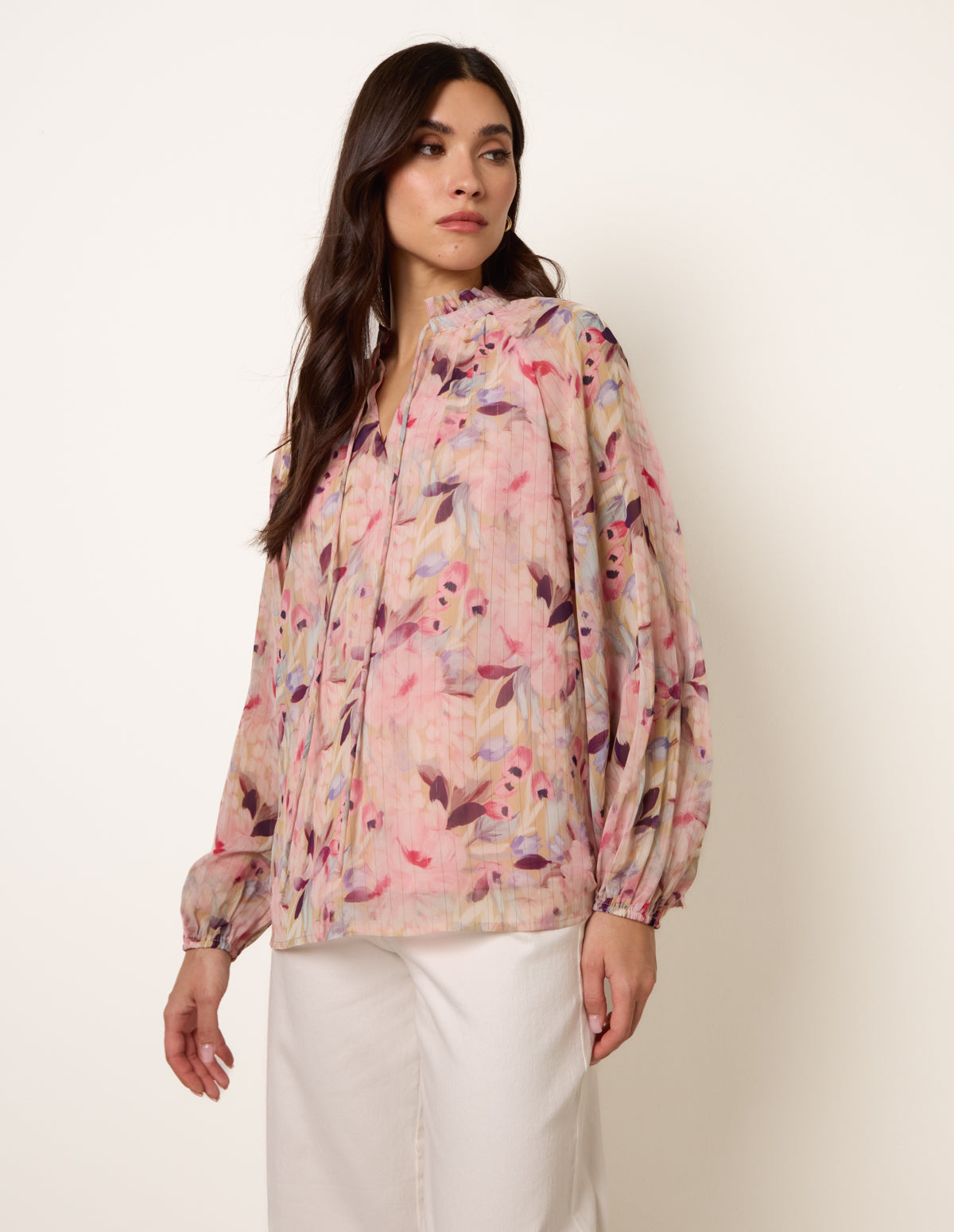 Watercolour Floral Printed Tie Front Blouse - M PINK