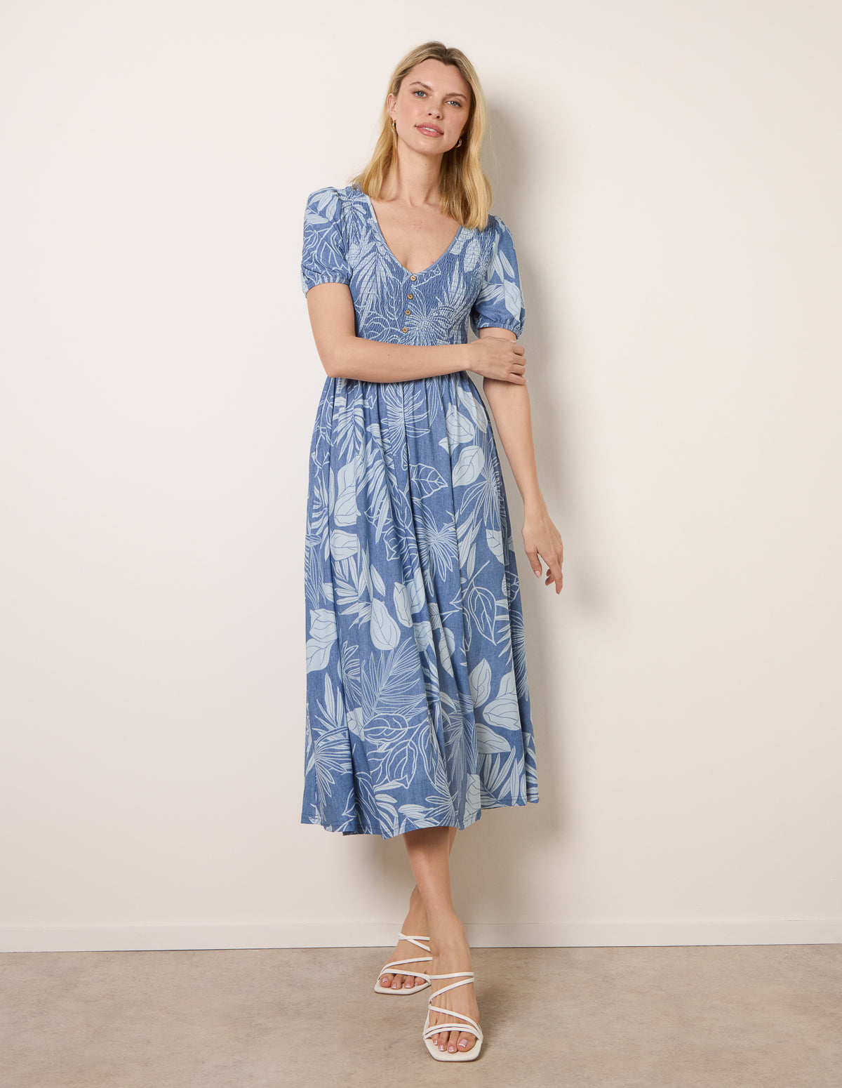 Shirred Button V Neck Midi Dress - S DENIM