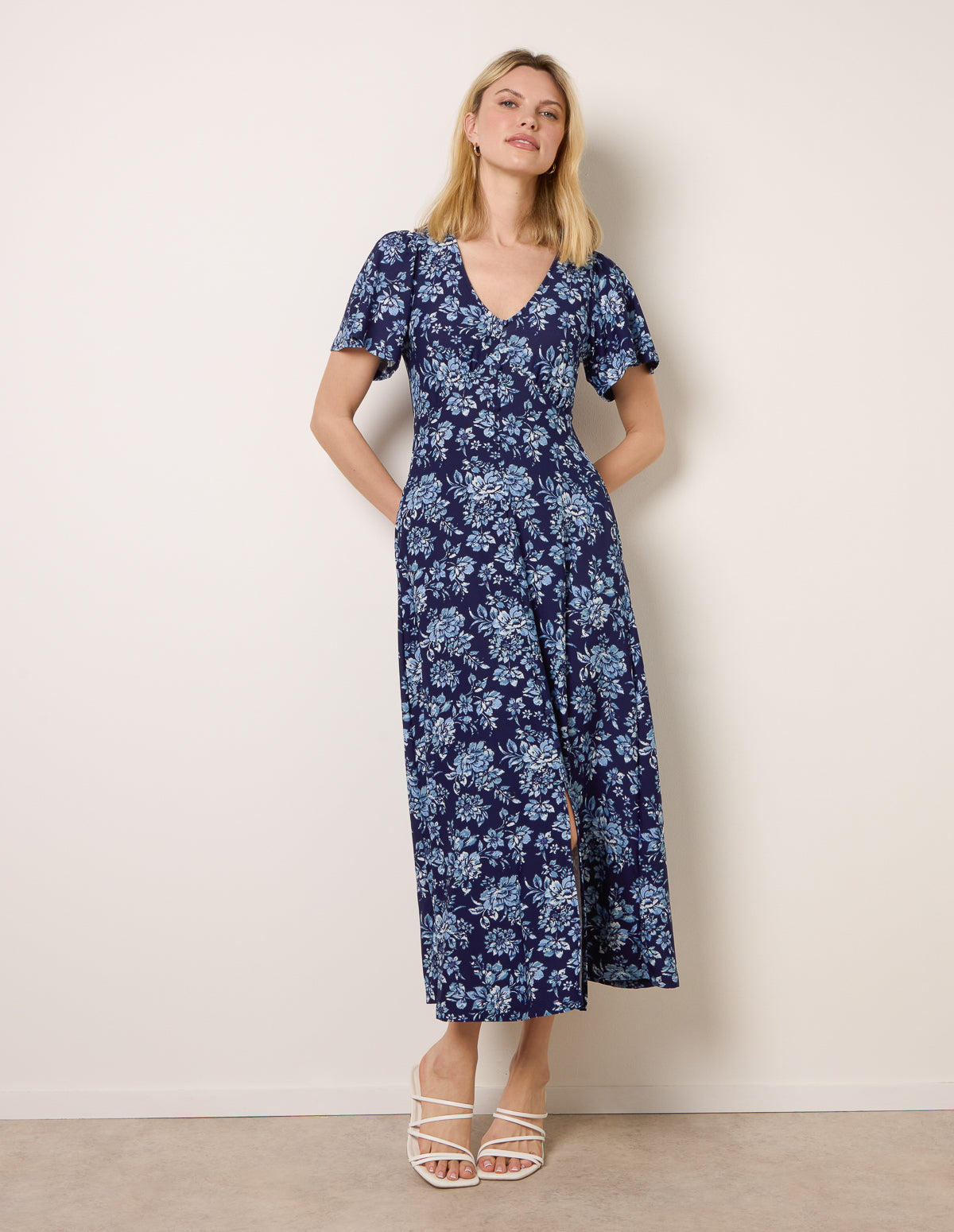Floral Button Through Midi Dress - BLUE