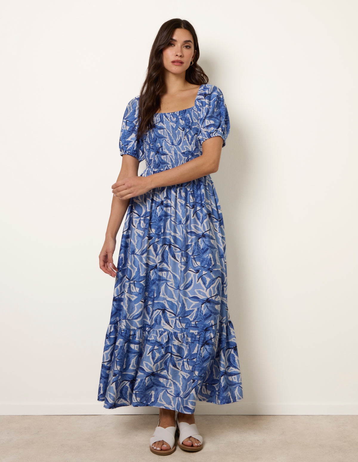 Large Floral Printed Square Neck Puff Sleeve Dress - SM BLUE