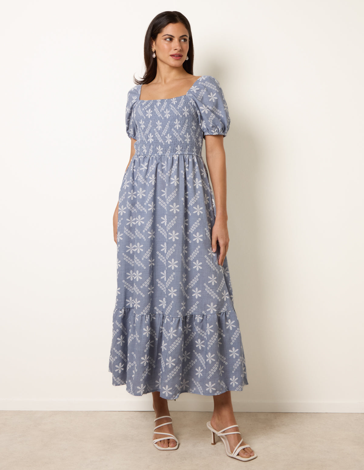 Embroidery Puff Sleeve Midi Dress - L BLUE
