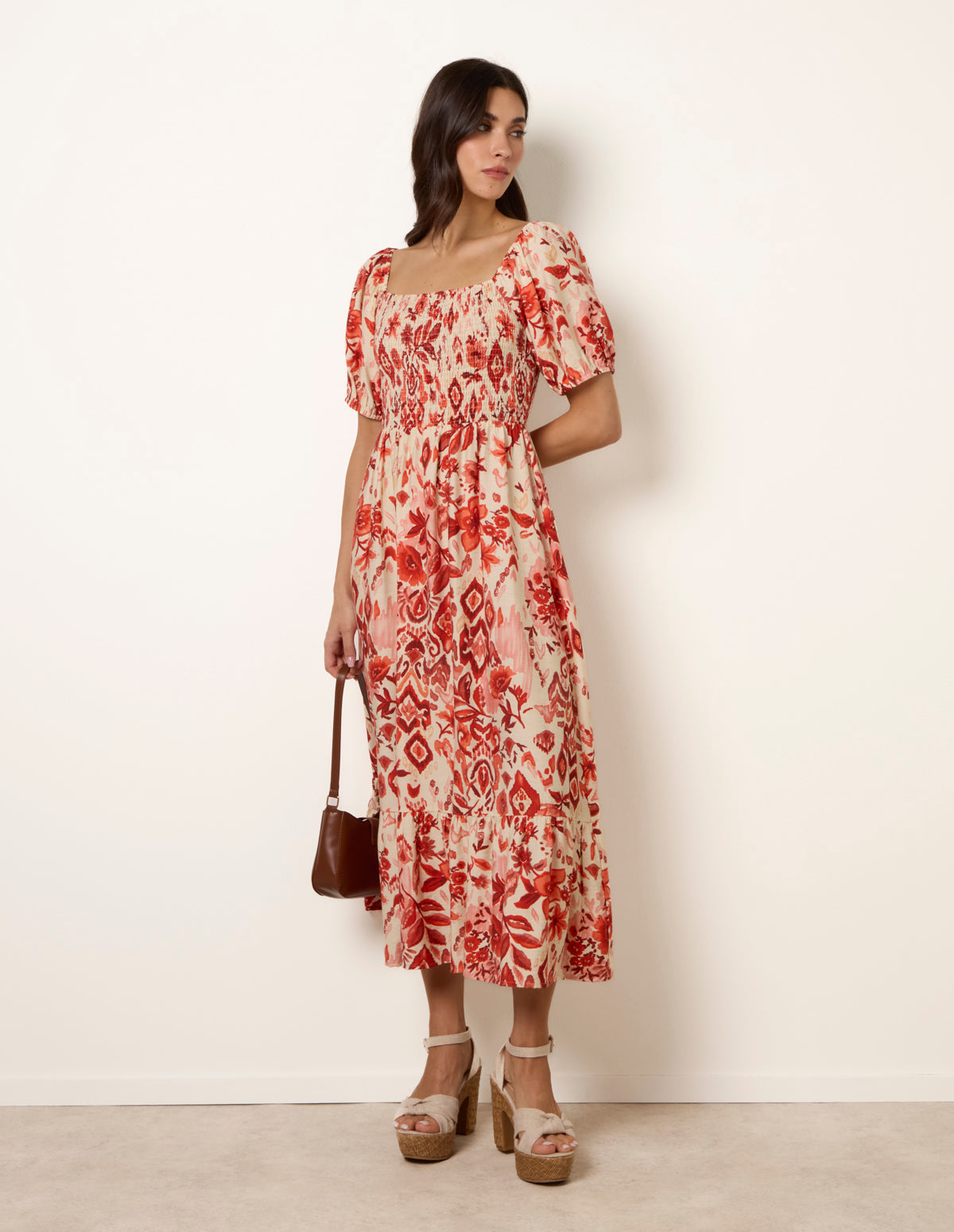 Watercolour Floral Shirred Puff Sleeve Midi Dress - M ORANGE