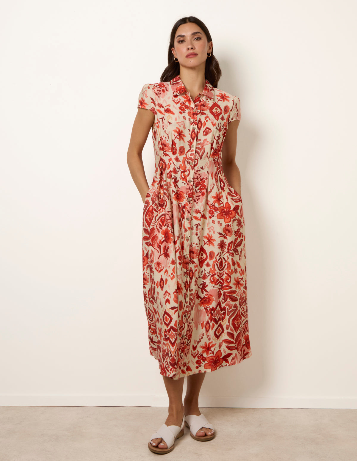 Watercolour Floral Printed Button Front Shirt Dress - L ORANGE PATTERN