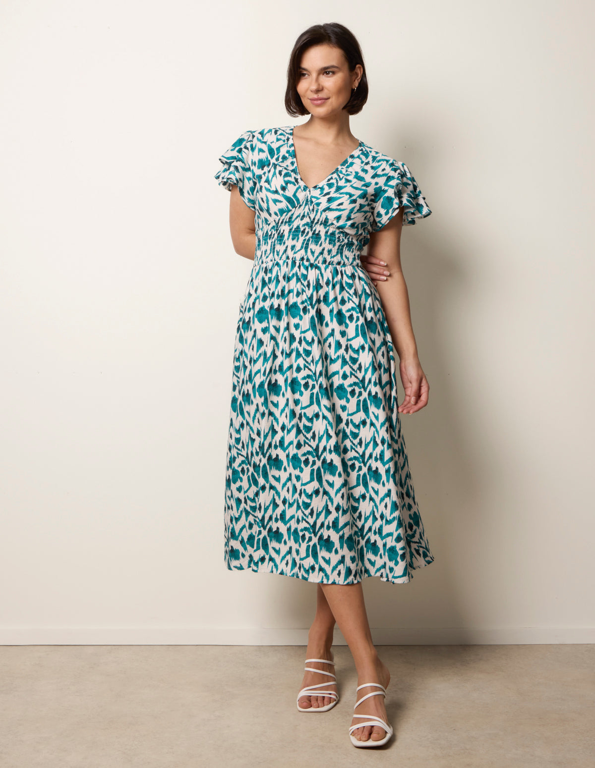 Printed V Neck Frill Sleeve Midi Dress - TEAL