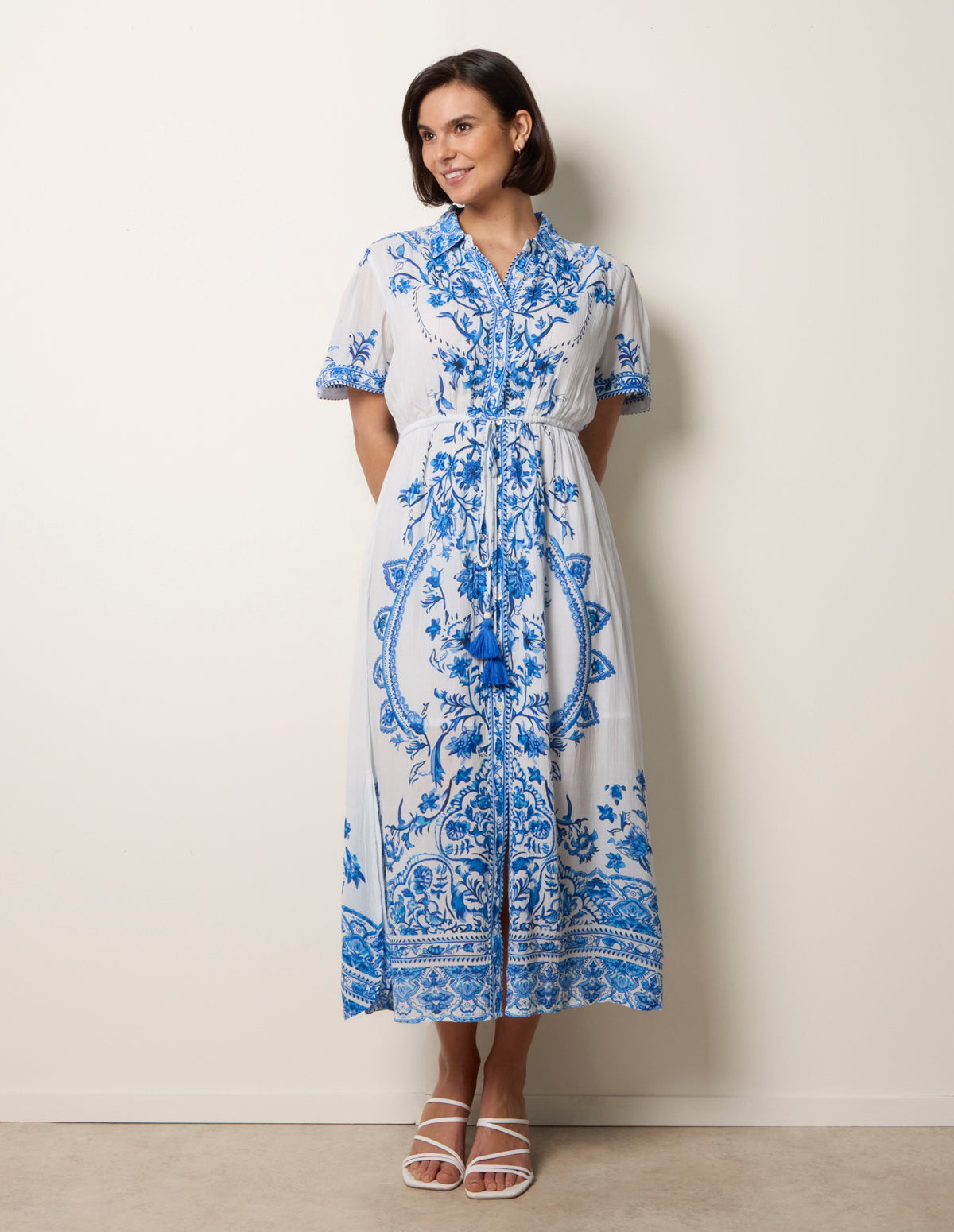 Floral Blue Print Drawstring Dress - BLUE