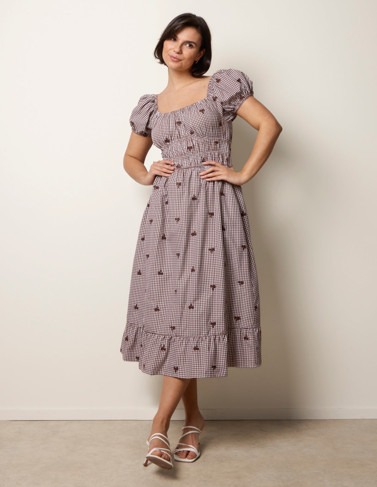 Gingham Milkmaid Midi Dress - M CHOCOLATE