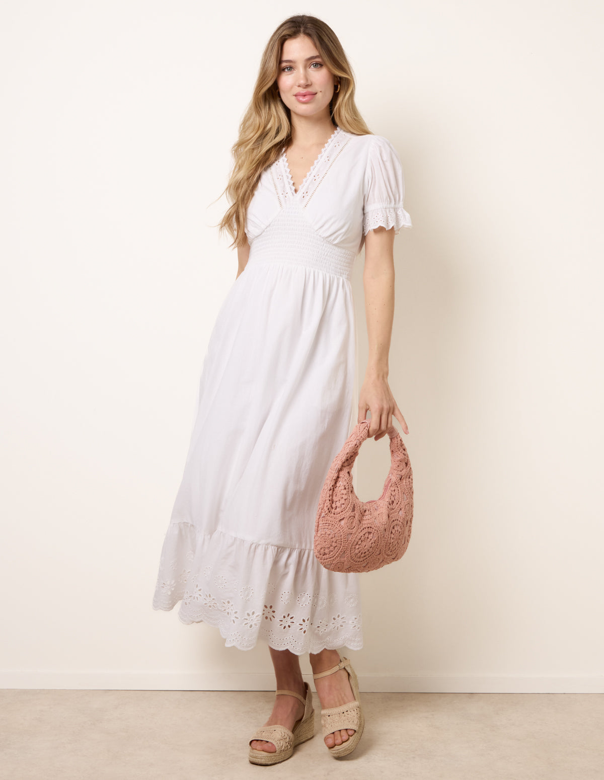 Embroidery Detail V-Neck Dress - M IVORY