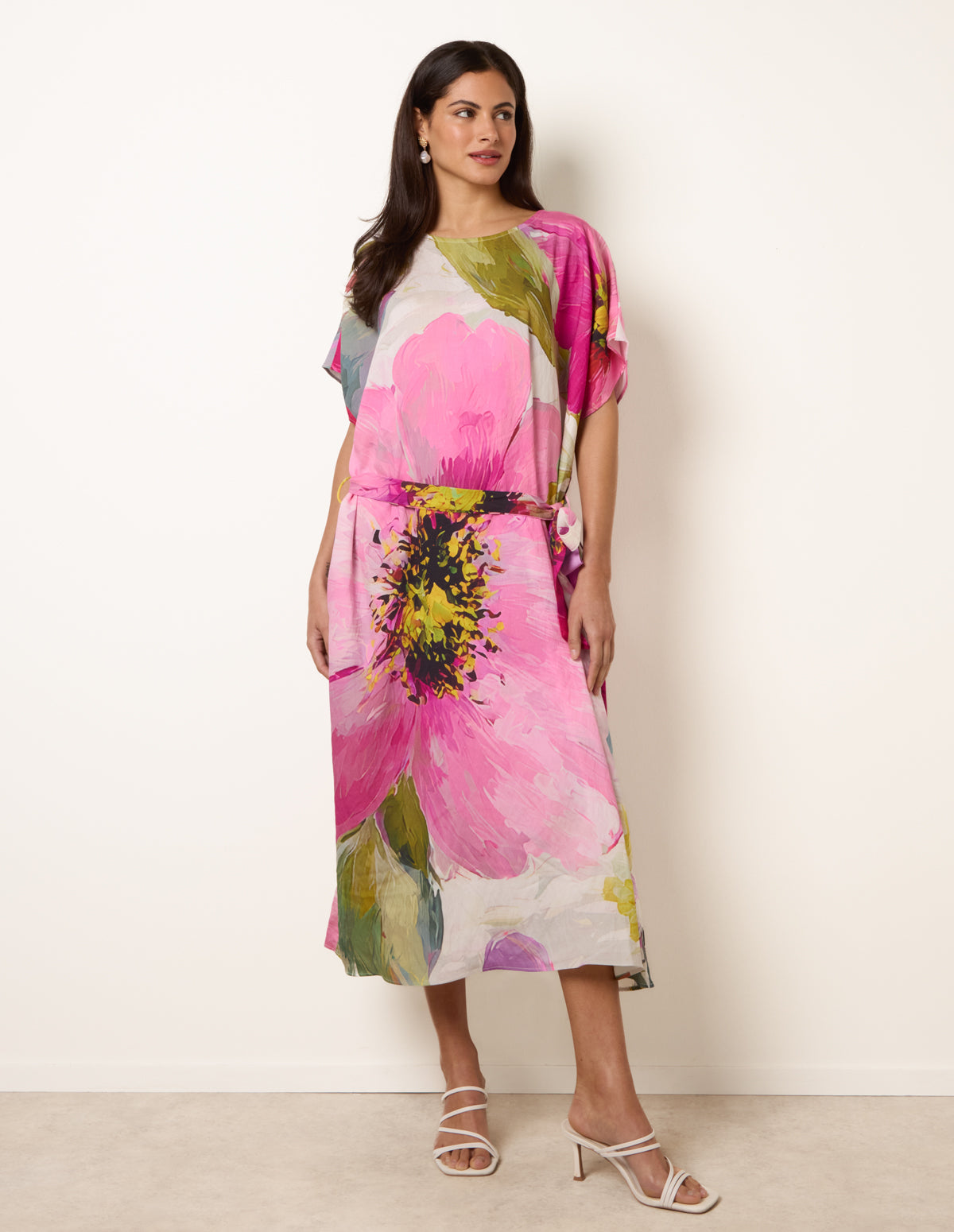 Painterly Floral Tie Waist Midi Dress - ONE PINK