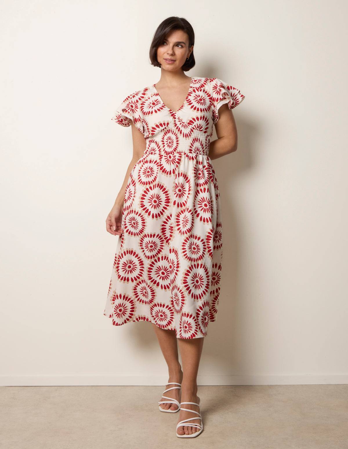V Neck Frill Sleeve Printed Midi Dress - RT