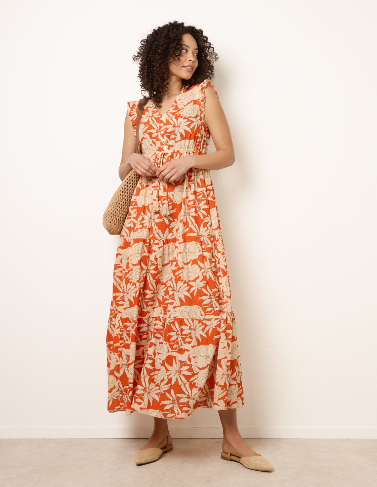 Button Frill Sleeve Dress - L ORANGE