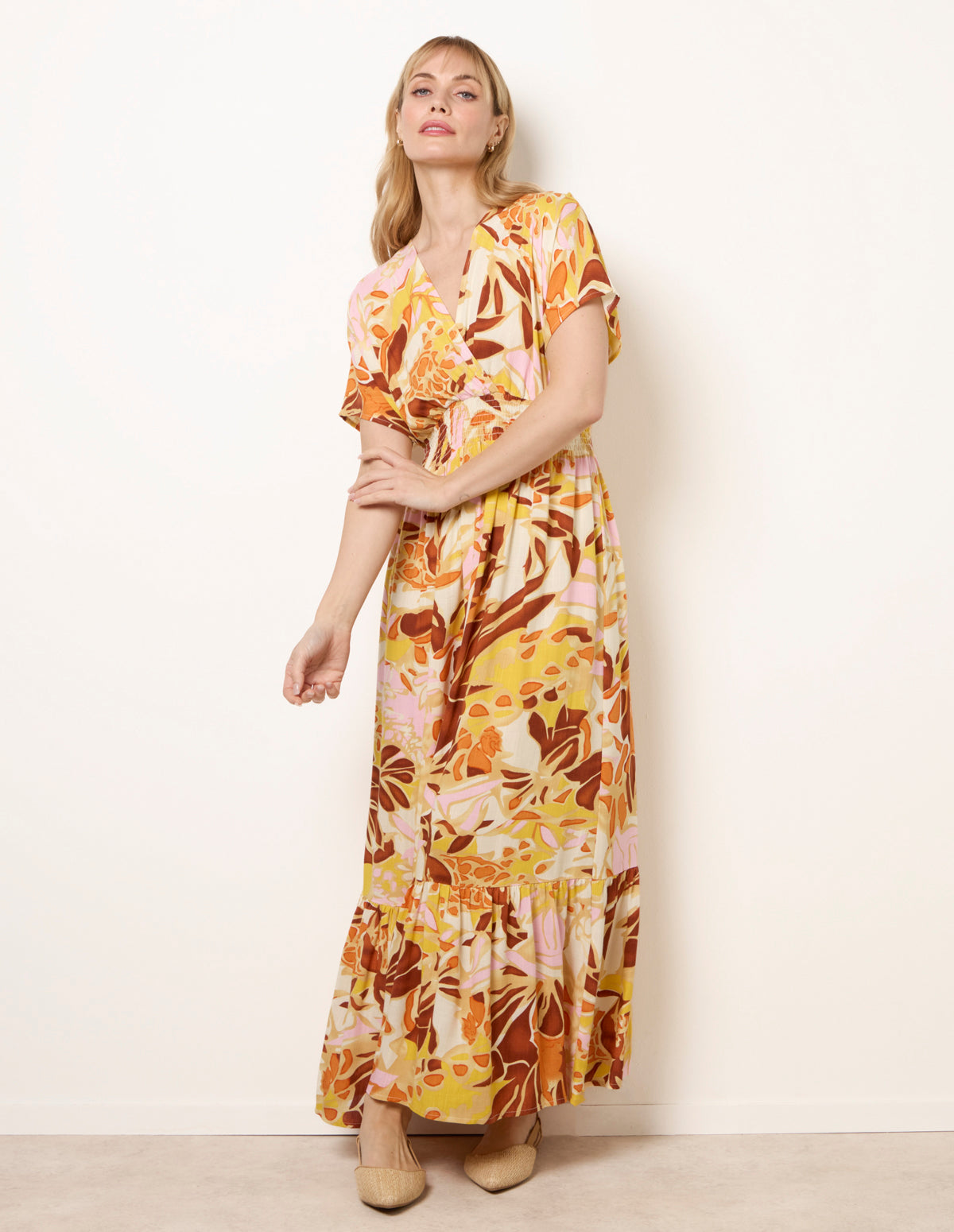 Tropical V Front Shirred Waist Maxi Dress - ML MULTI