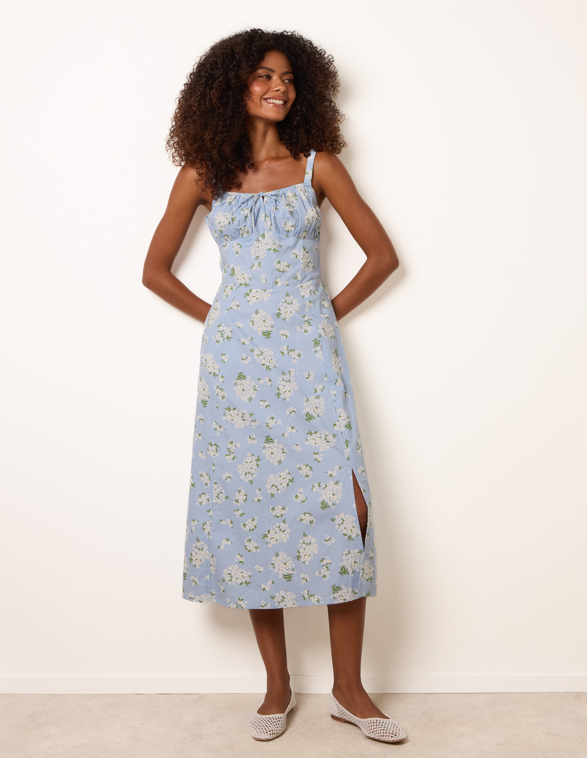 Midi Milkmaid Floral Dress - M BLUE