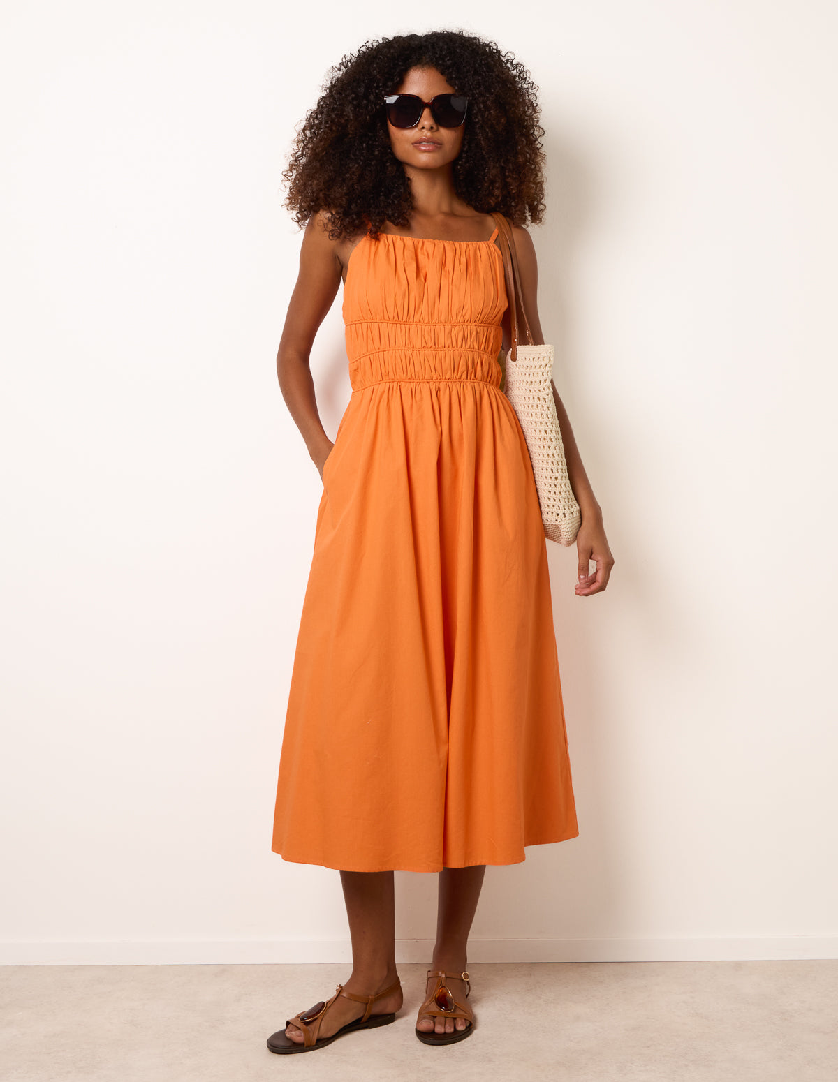 Ruched Binding Strappy Midi Dress - L ORANGE