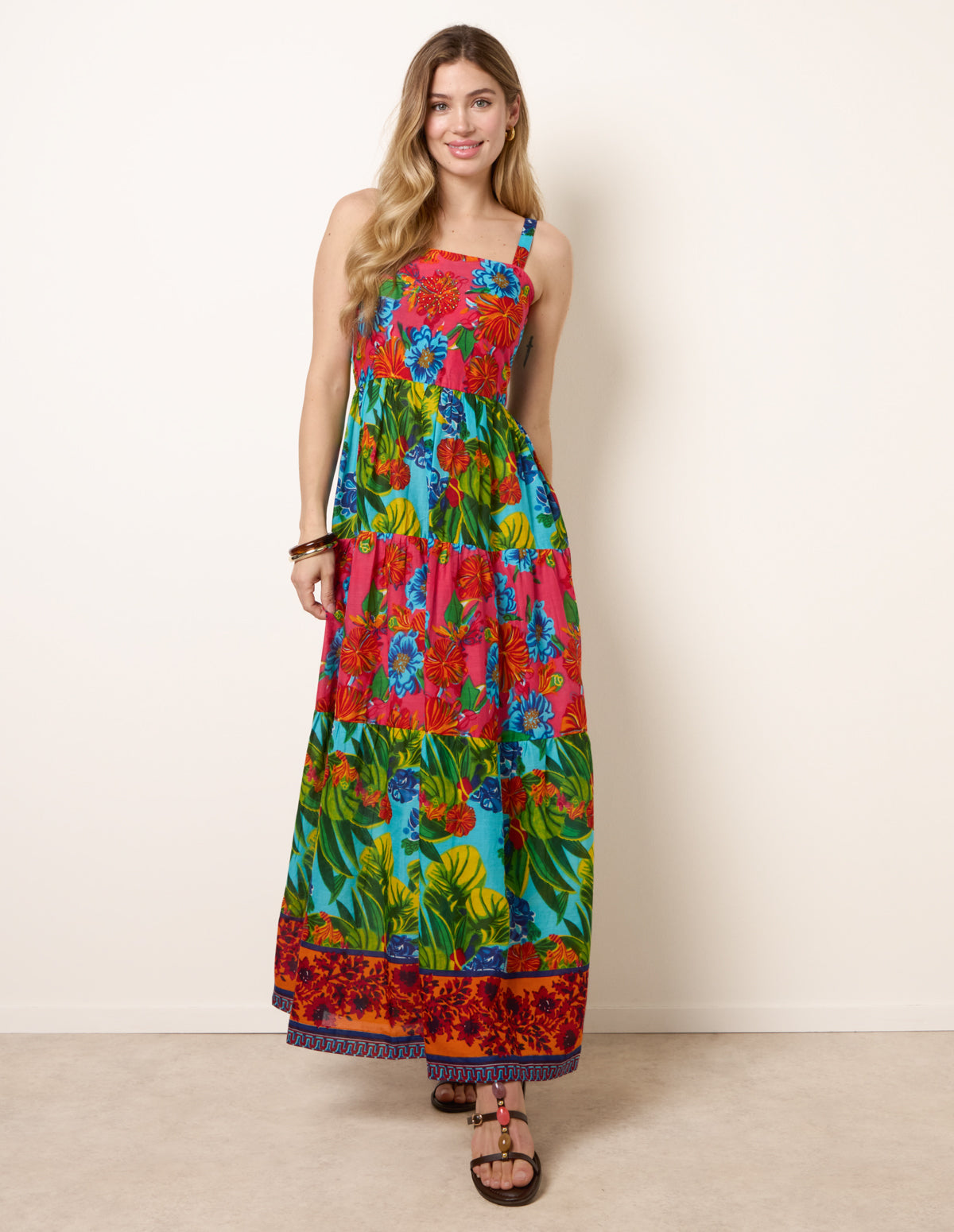 Tropical Beaded Detailed Tiered Maxi Dress - M MULTI