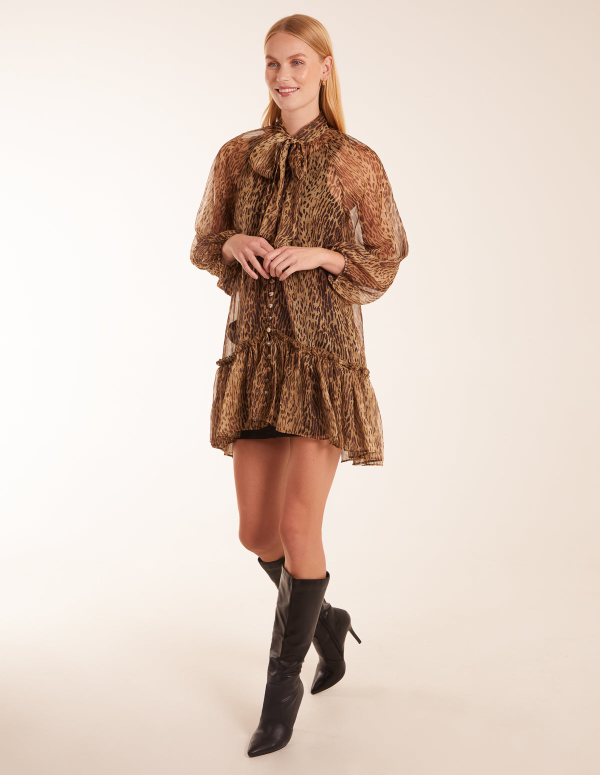 Leopard Print Pussybow Frill Shirt Dress - ONE BROWN