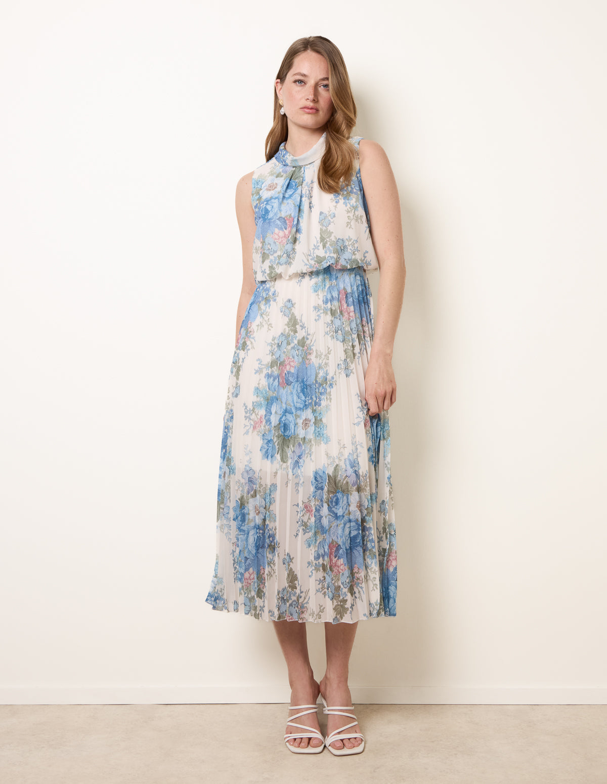 Printed Sleeveless Cowl Neck Pleated Dress - L IVORYBLUE