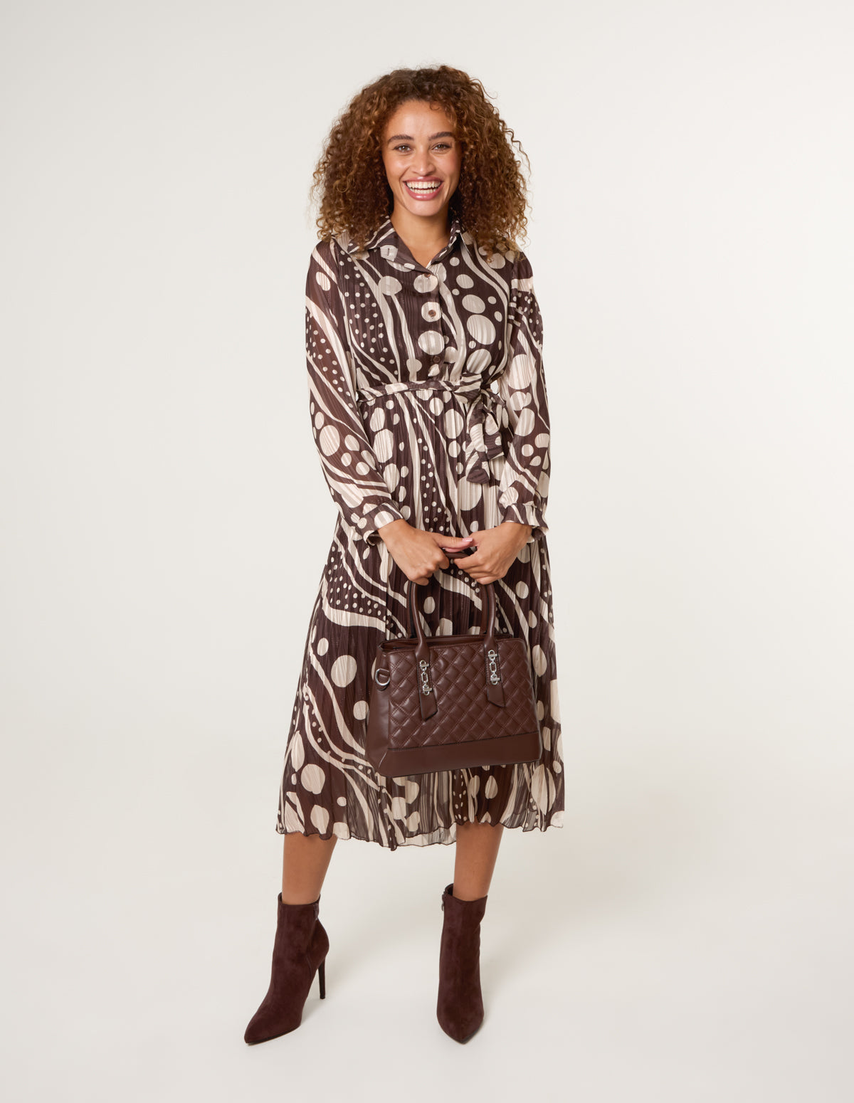 Abstract Polka Dot Dress And Metallic Striped Button Collar Dress - S CHOCOLATE