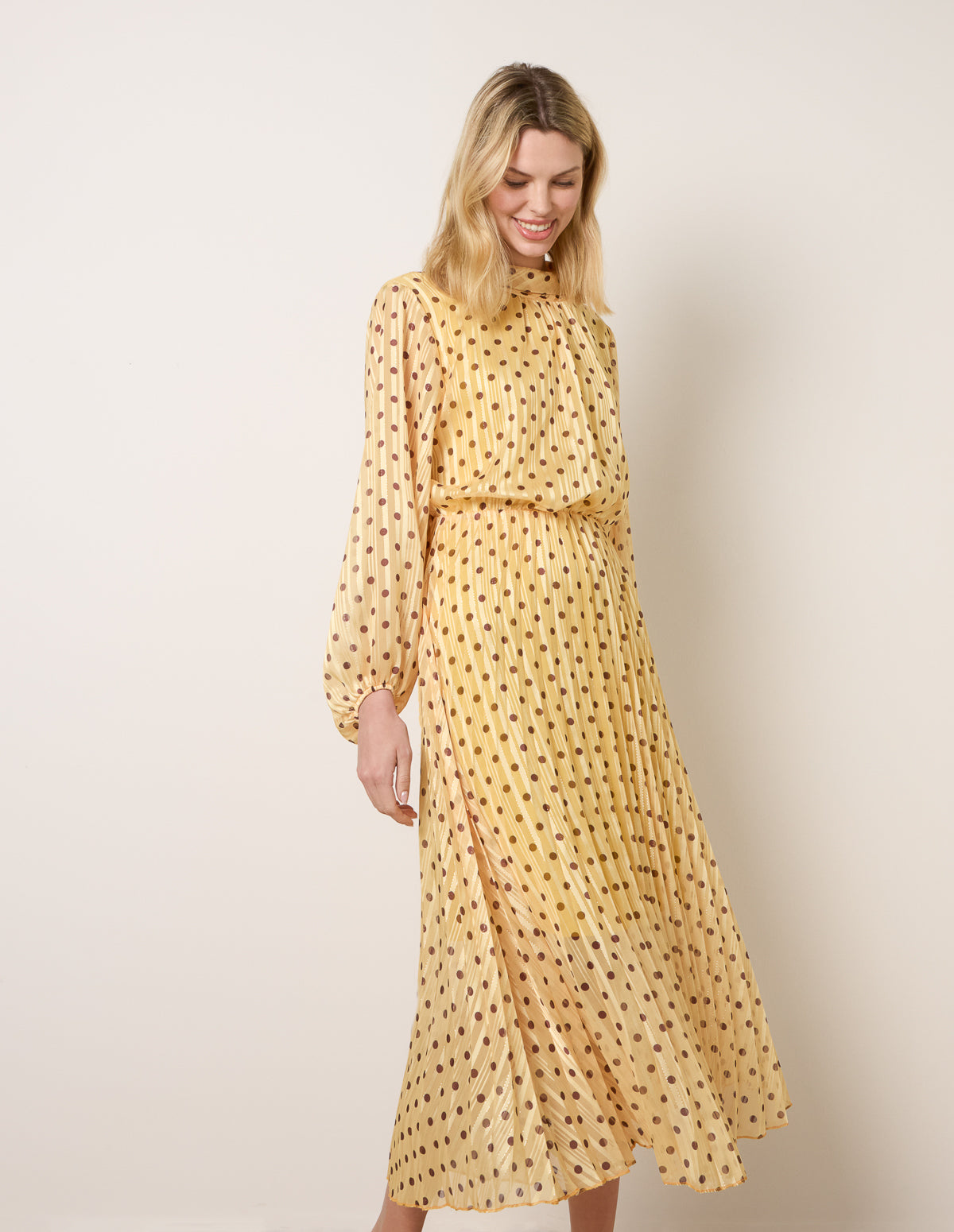 Polka Dot Cowl Neck Pleated Long Sleeve Dress - L LEMON CHOCOLATE