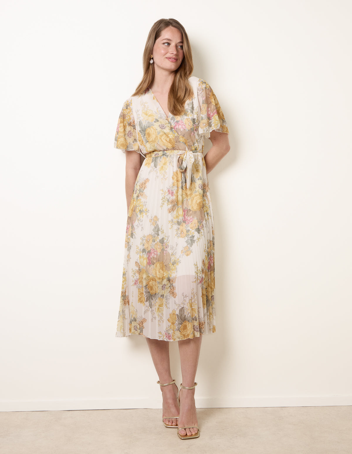 Crossover Pleated Print Dress - L WHITELEMON
