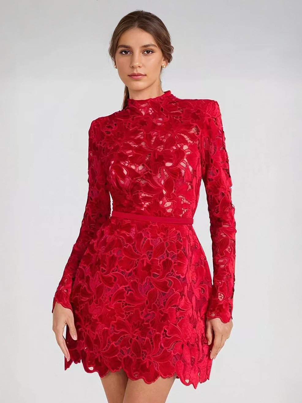 Lace Dress High Neck Long Sleeve Birthday Party Spring Mini Dress For Women