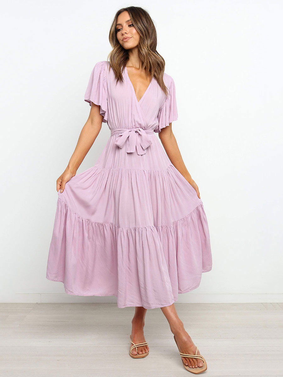 Women Maxi Dresses Short Sleeves Lavender V-Neck Lace Up Layered Polyester Summer Long Dress