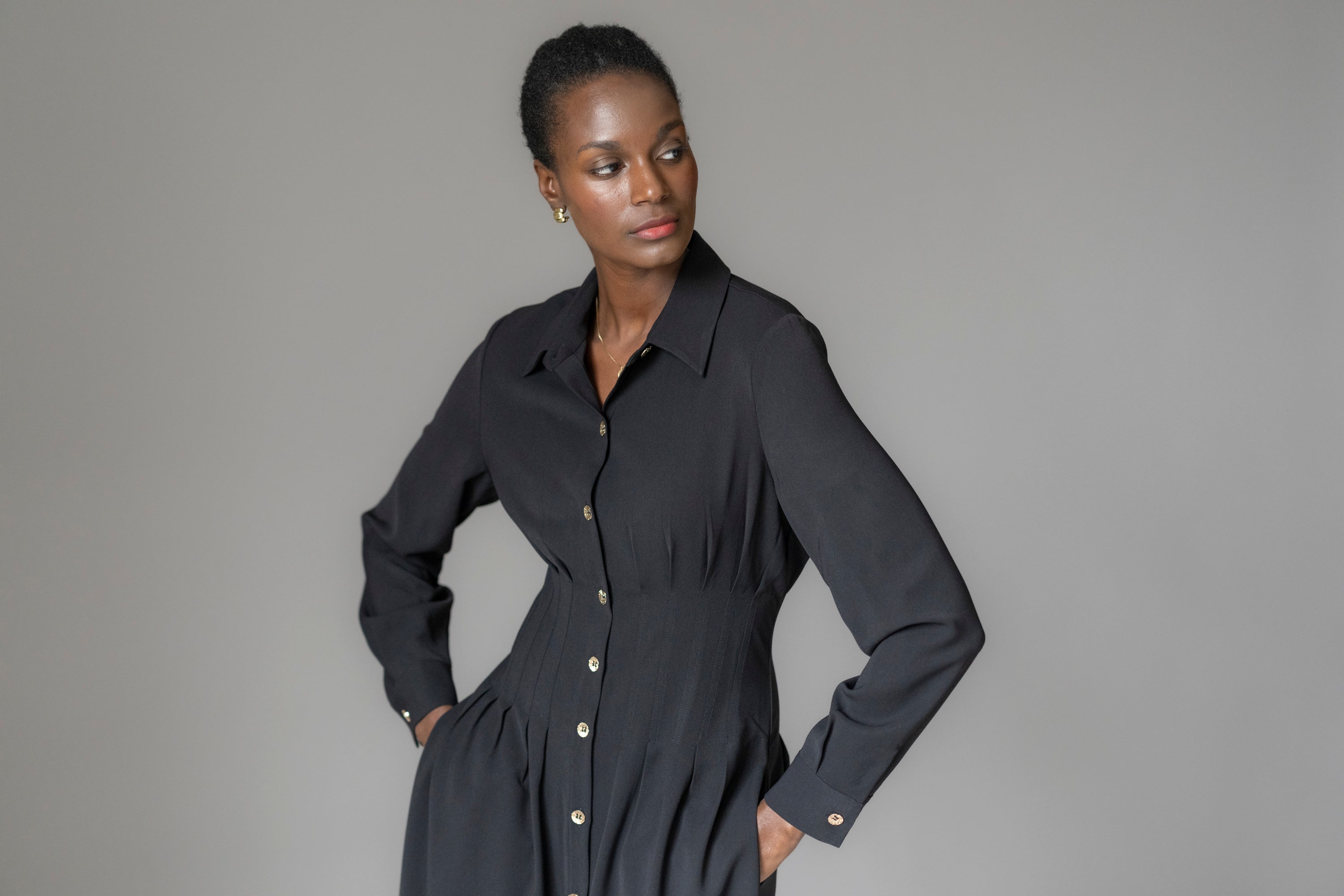 Cara Hourglass Fit Waist Defining Midi Shirt Dress In Black Crepe