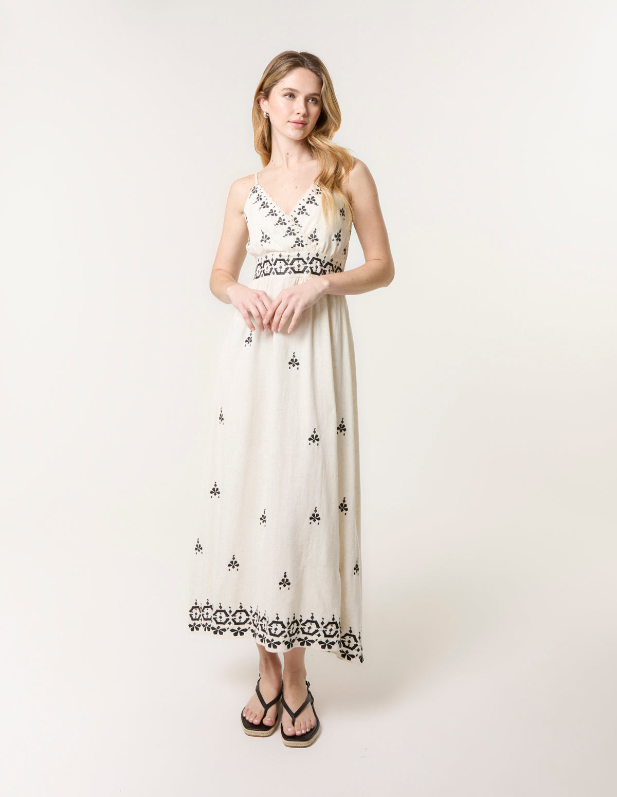 Embroidered Sleeveless Maxi Dress - Linen