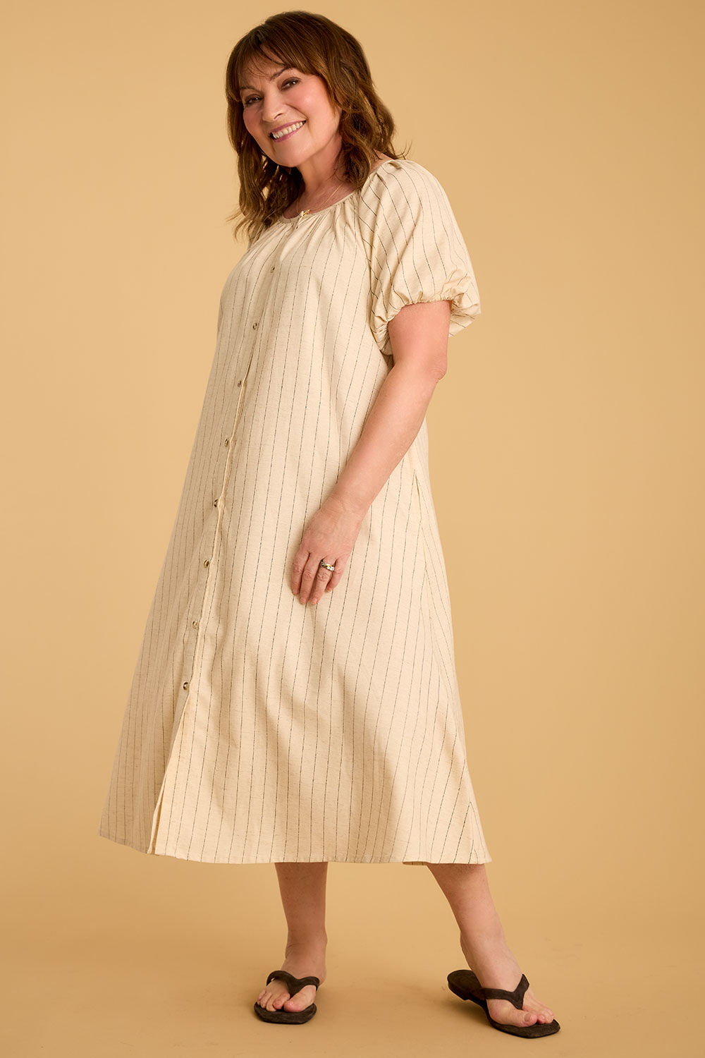 Bonmarche Natural Micro Stripe Linen Blend Dress, Size: