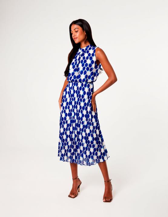 High Neck Geometric Print Pleated Dress - L NAVY