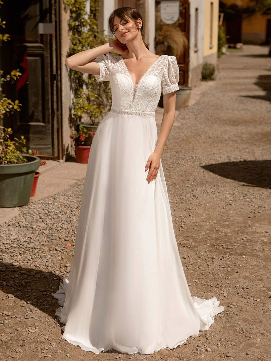 Boho Wedding Dress Lace Lace A-Line With Train Natural Waist Wedding Dress Functional Buttons Short Sleeves V