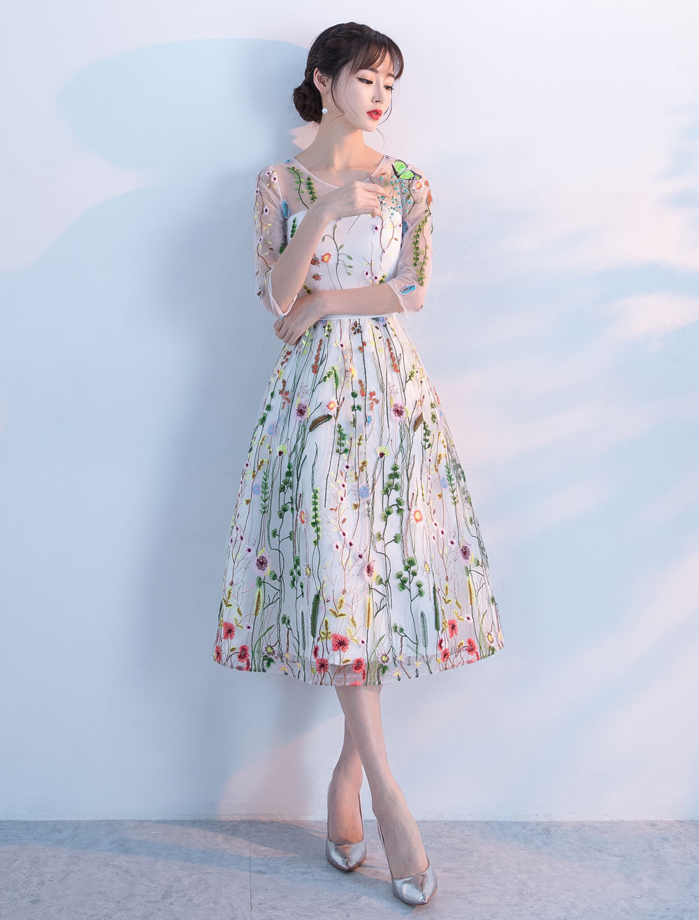 Lace Prom Dresses Short Floral Print Cocktail Dress Illusion Half Sleeve Tea Length Party Dress