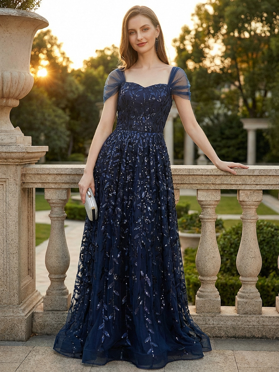 Deep Blue Sequin Maxi Prom Dress with Sweetheart Neckline and Off-shoulder For Summer