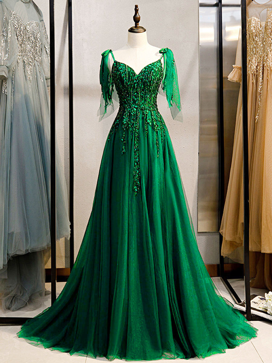 Prom Dress Deep Green Lace V-Neck A-Line Sleeveless Beaded Lace-Up Maxi Party Dresses