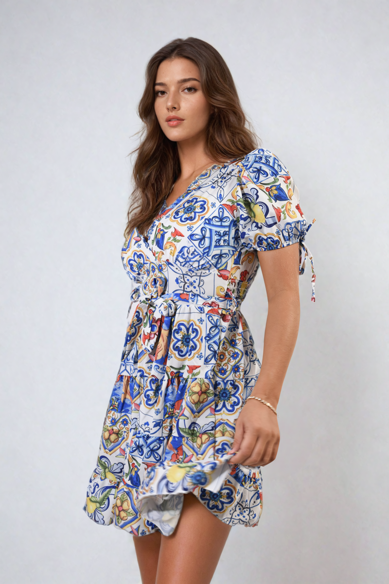 Floral V-Neck Tie Waist Mini Dress - Blue ML