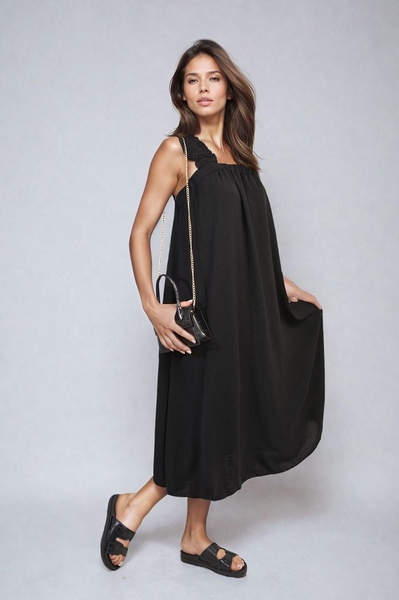 Square Neckline Ruffle Straps Tie Detail Beach Midi Dress - Black ONE SIZE -