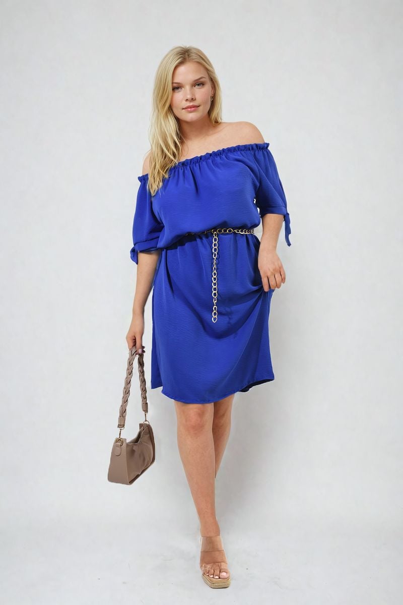 Knot Cuff Off Shoulder Mini Dress - ROYAL SM