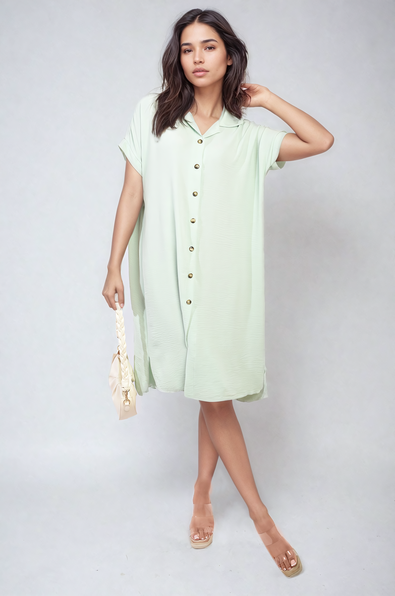 Button Front Shirt Dress - LIME SM
