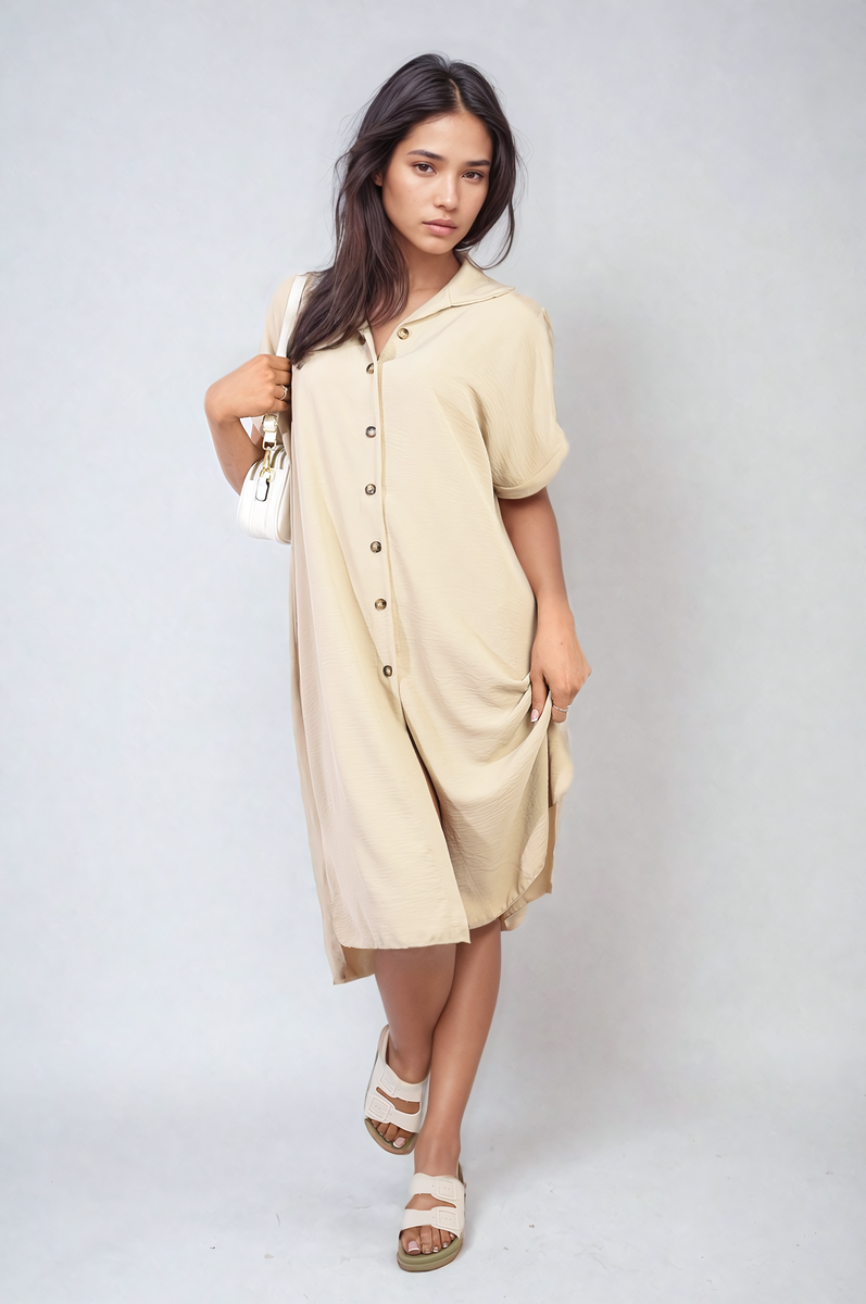 Button Front Shirt Dress - Beige SM