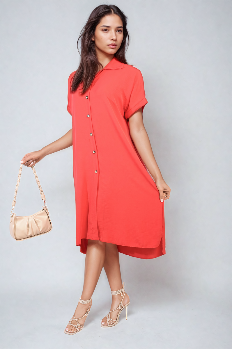 Button Front Shirt Dress - Red ML