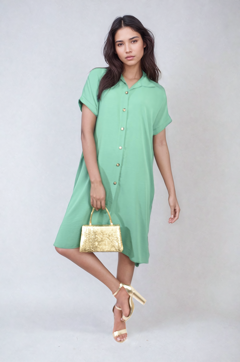 Button Front Shirt Dress - Green ML