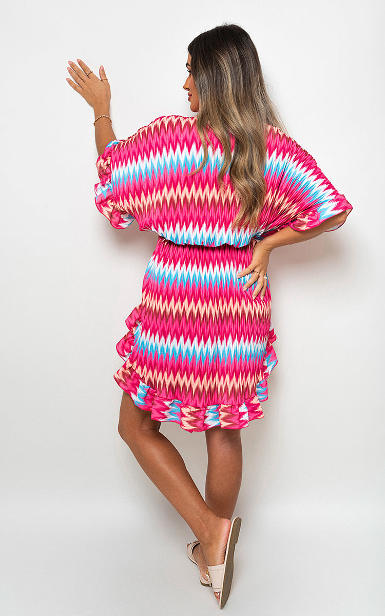 Zigzag Print Pleated Button Up Shirt Dress - pink SM