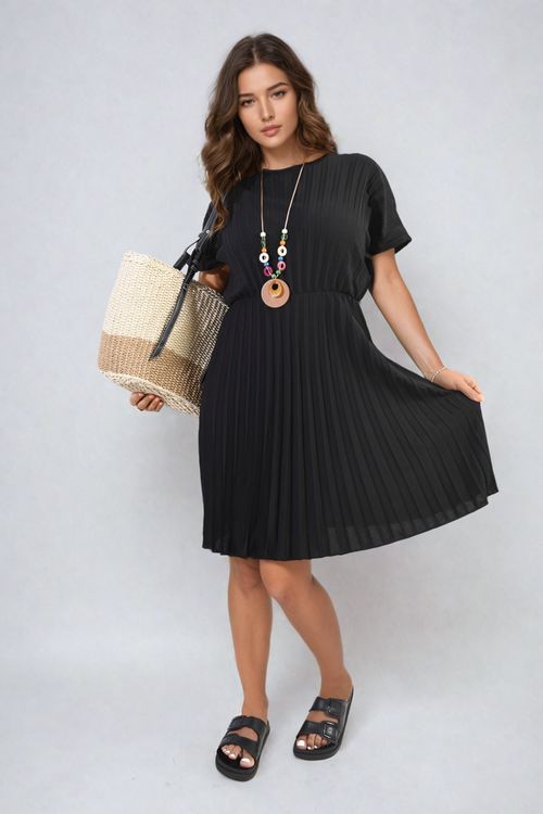 Short Sleeve Pleated Midi Dress - Black ML