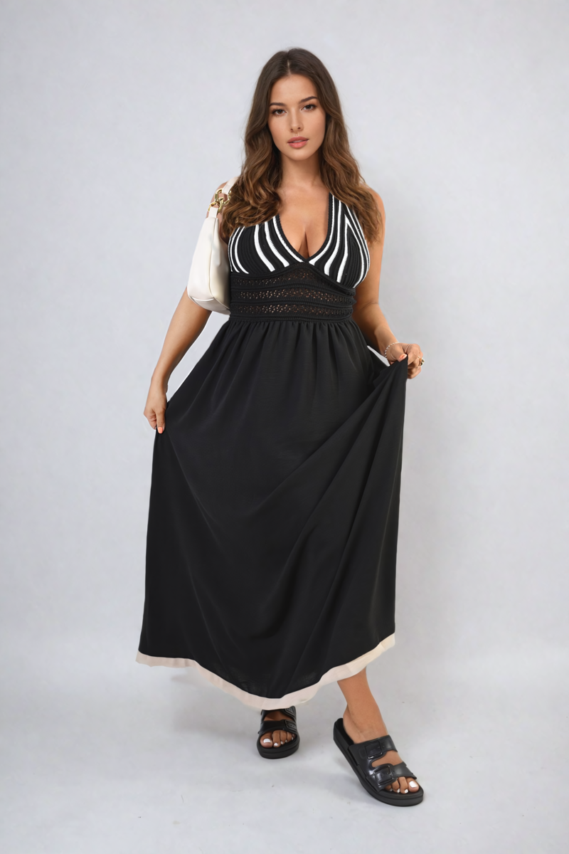 Crochet V-Neck Halter Backless Maxi Dress - Black ML