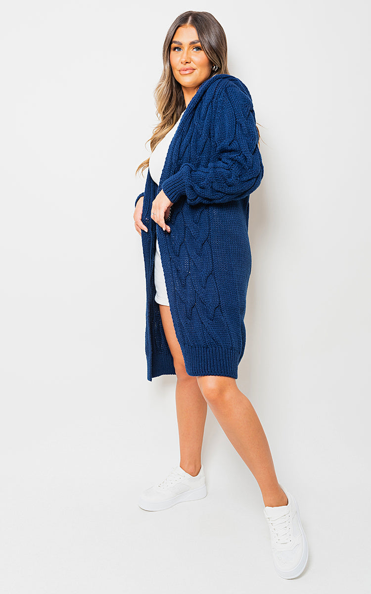 Chunky Cable Knitted Oversized Longline Hooded Cardigan - navy ML