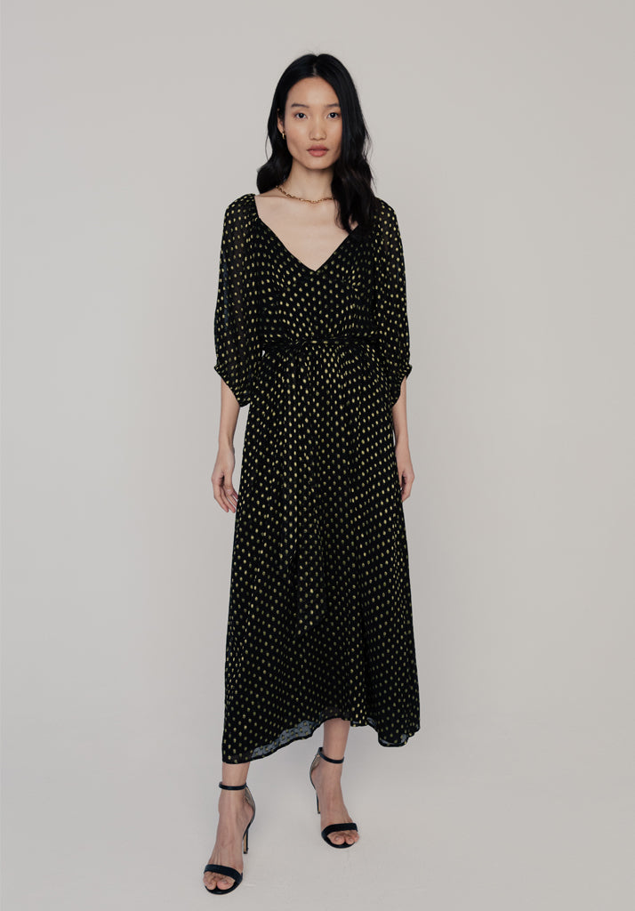 Katherine Billowy Sleeve Gold Spot Midi Dress In Black